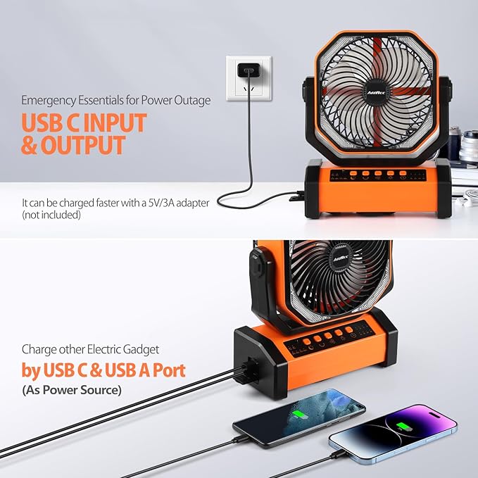 AddAcc 20000mAh Rechargeable Camping Fan - Battery Operated Fan with Light & Remote, Auto Oscillating, 4 Timer, 60 Hrs Work Cordless Tent Fan for Travel Outdoor RV Garage Power Outage Emergency