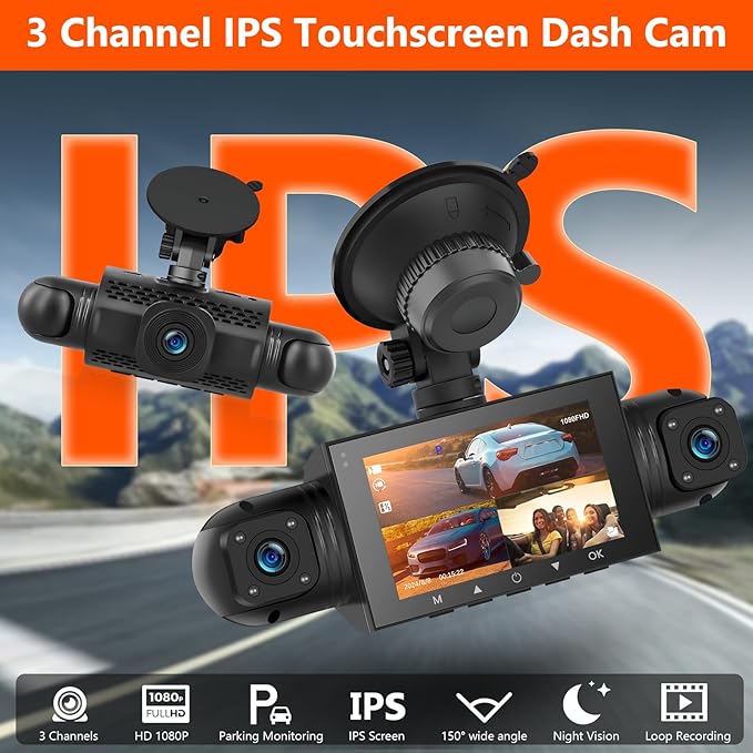 Podofo 360° Dash Cam Front and Rear Inside,4 Channel 3" IPS Touchscreen Dash Cam Front and Rear Inside Left Right,4*1080P Dash Camera with 8 IR Night Vision,Loop Recording,G-Sensor,24 Hours Recording