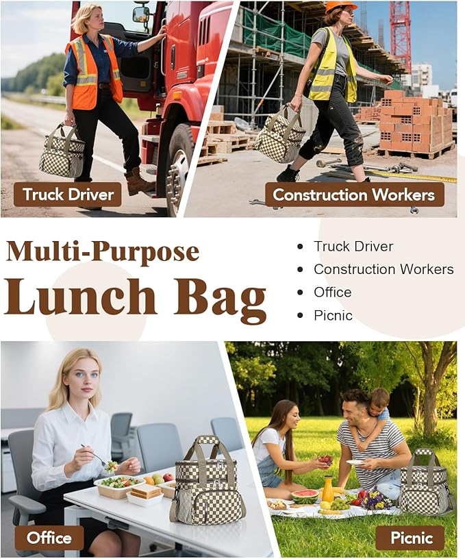 Insulated Lunch Bag for Women, Double Leakproof Lunch Box Soft Cooler Tote with 5 Pockets, 600D Oxford, EVA Lining, Adjustable Strap for Work, Picnic, Beach&Travel- Corduroy Khaki Checkered