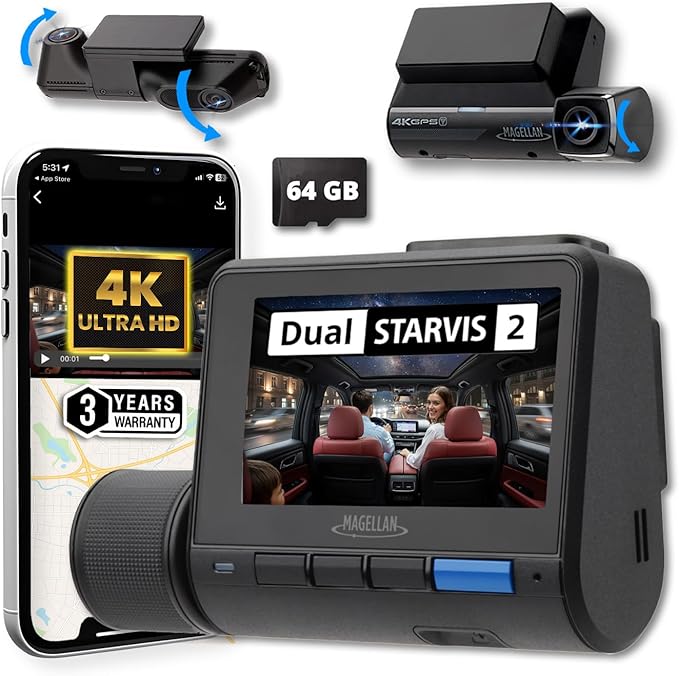 MAGELLAN DR50 3 Channel Dash Cam, 4K+2K Front Cabin Rear, Night Vision, Wide-Angle (170°), STARVIS 2 IMX678, Strong Mount, GPS, Wi-Fi App Control, 24H Parking Mode, Fatigue Alert, 64GB Card Included
