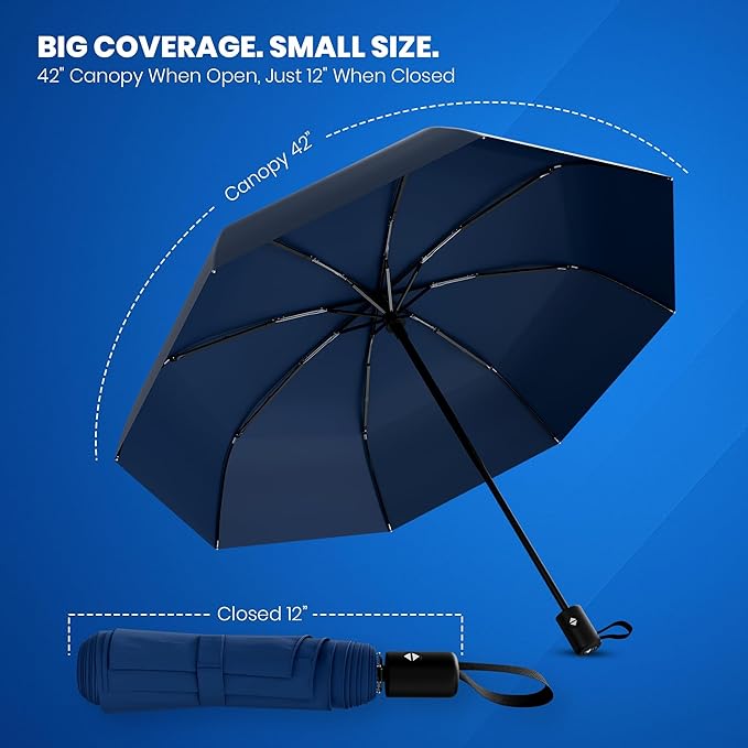 Rain-Mate Windproof Compact Umbrellas for Rain - Strong Reinforced Fiberglass Rib Design & Auto Open & Close - Portable Folding Travel Umbrella - Lightweight & Packable for Women & Men, Easy Collapse