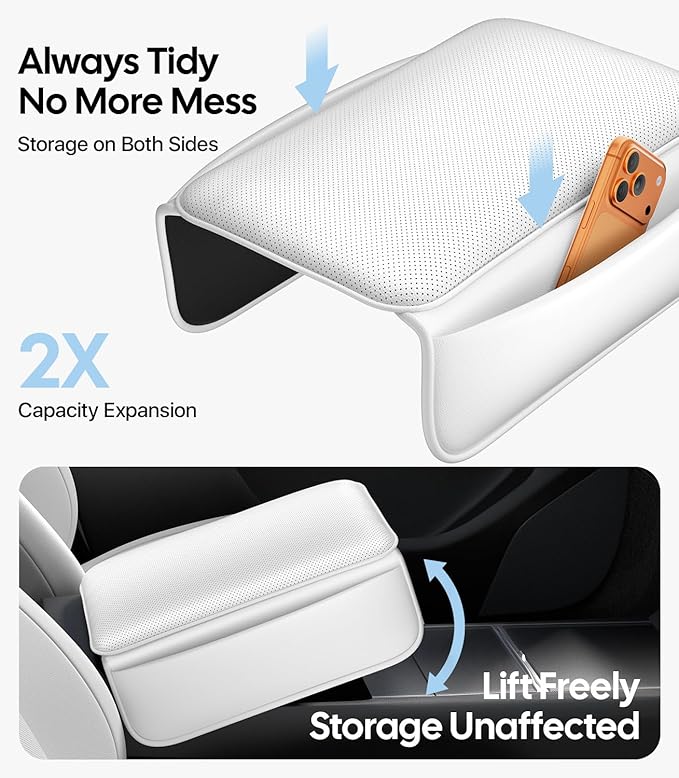 Wigoo Center Console Lid Cover for Tesla Model Y Juniper 2025-2026 & Model 3 Highland 2024-2026 (Standard, Premium & Performance), [Soft Support] Nappa Leather Armrest Protector Cover, White