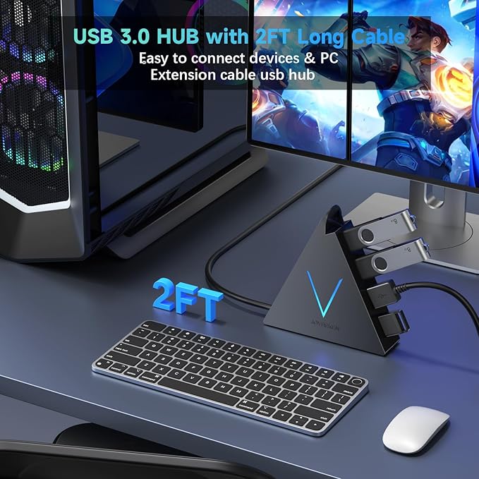 4-Port USB 3.0 Hub, FlyingVHUB USB Hub Tower with 2 ft Extended Cable,USB Splitter for Laptop,PC,PS4,PS5,Xbox,Mouse,Keyboard, Flash Drive, U-Disk (Black)