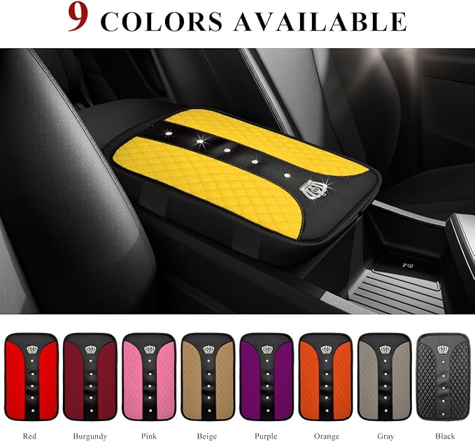 Bling Leather Car Center Console Cover, Anti-Slip Crown Armrest Seat Box Cushion Pad with Rhinestones, Waterproof Crystal Arm Rest Protector Interior Decor for Most Vehicles (Yellow)