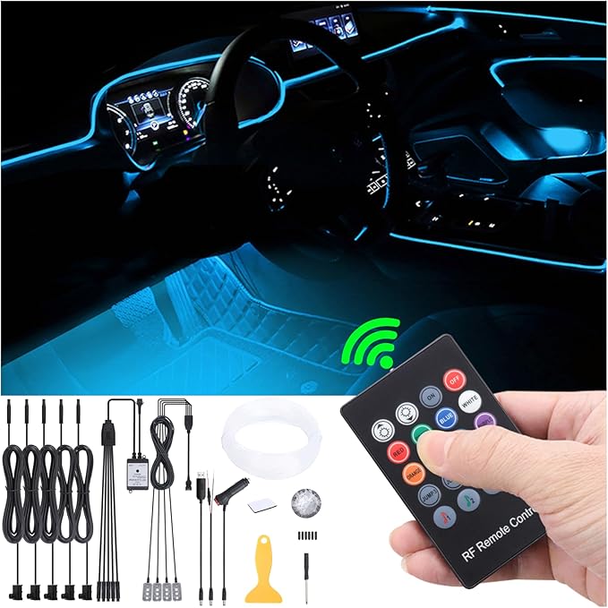 6 m Optic Fiber Car Ambient Lighting Kit RF Remote Control 64 Colors Multicoloured Music Interior Footwell Lighting Kit 12V 1W