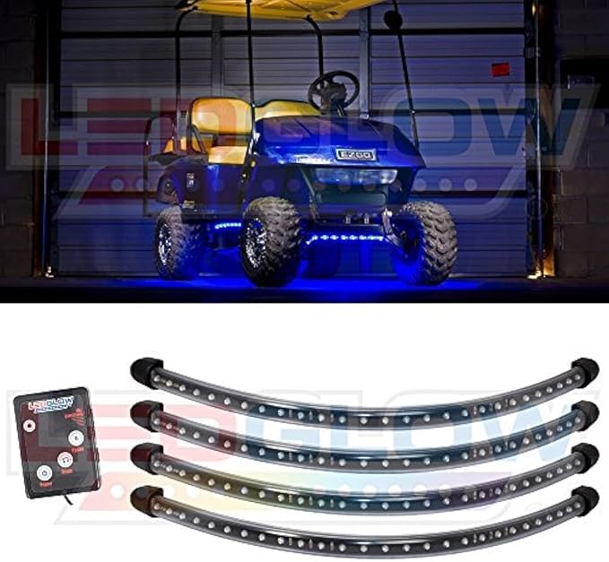 LEDGlow 4pc Blue LED Golf Cart Underbody Underglow Accent Neon Light Kit for EZGO Yamaha Club Car - Water Resistant Flexible Tubes - Includes Control Box & Wireless Remote