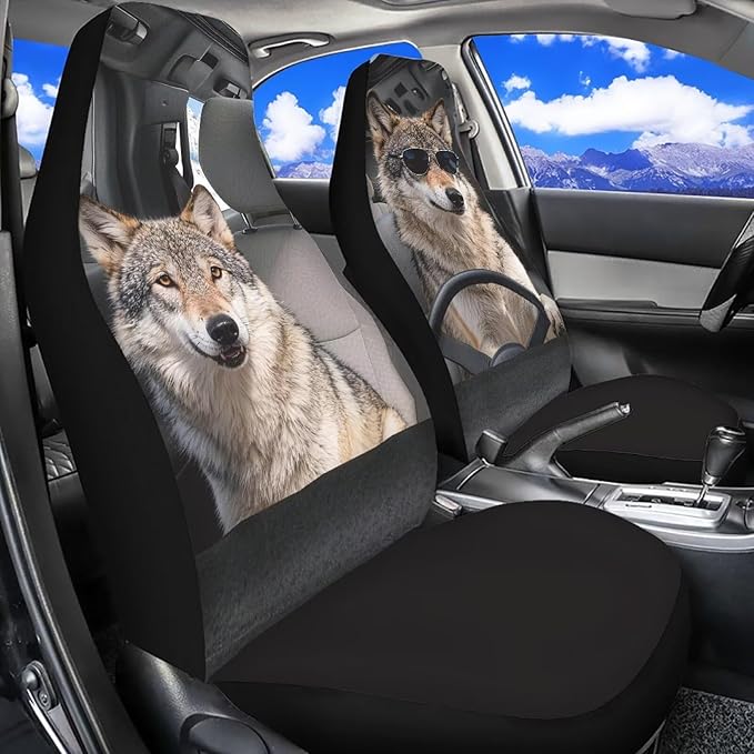 Wolf Car Front Seat Covers Anti-Slip Car Seat Covers for Front Seats Elastic Polyester Cool Auto Interior Accessories 2 Pcs Set Universal Fit for Most Cars,Sedans & SUVs