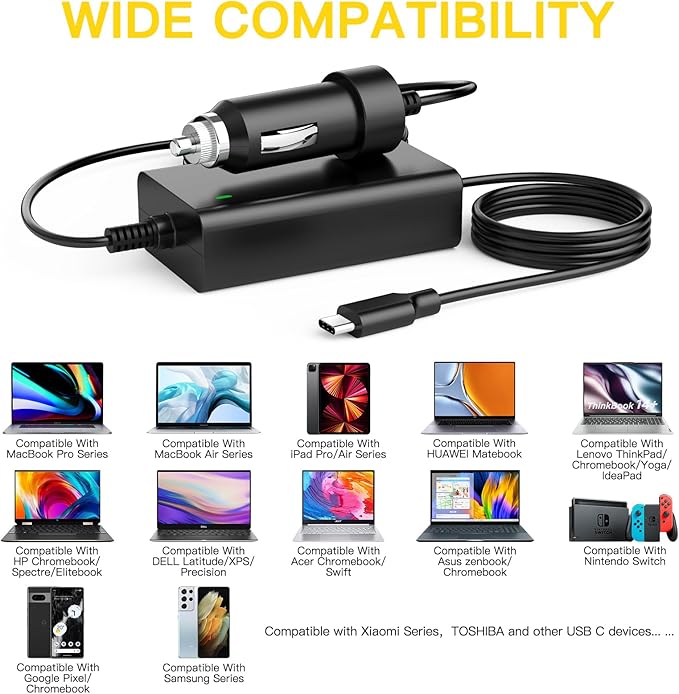 100W USB-C Laptop Car Charger for Dell Latitude/XPS/Precision,MacBook Pro/Air,HP Spectre/Elitebook,for Lenovo ThinkPad/Yoga/IdeaPad,Acer Chromebook/Swift,Google,for Samsung,Zenbook,Car Laptop Charger