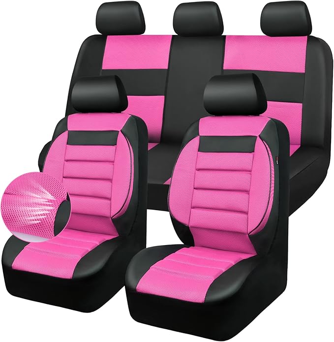 CAR Pass Leather 3D Foam Back Support Car Seat Covers Full Set Air Mesh Automotive Seat Covers, All Season Car Seat Cover Fit Automotive,SUV,Sedan,Van, Airbag Compatible Elegance (Black and Pink)