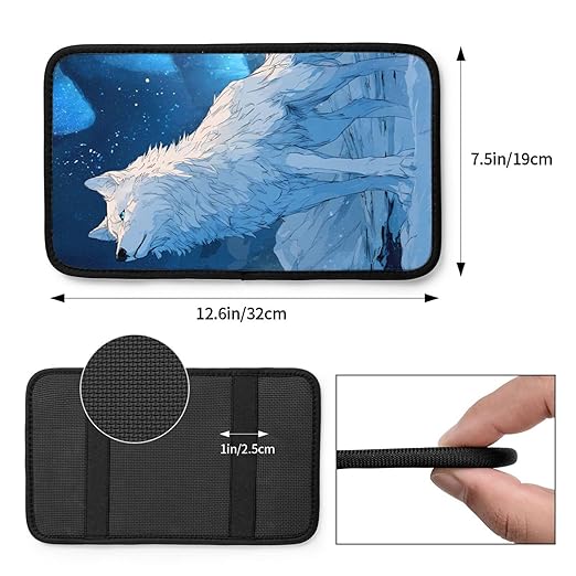 White Wolf Stands On The Snow Car Auto Armrest Cushion Cover Accessories Center Console Seat Box Pad Protector Universal Decoration for Most Vehicle SUV Truck