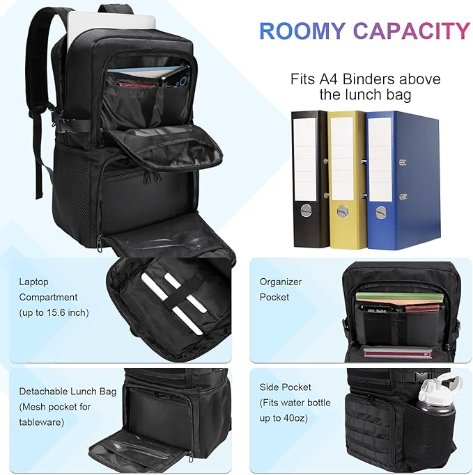 BERTASCHE Lunch Backpack, Laptop Backpack 17 inch for Work w/Insulated Cooler Lunch box for Men Women, Casual Daypack for Travel Commuter Picnic College,Black