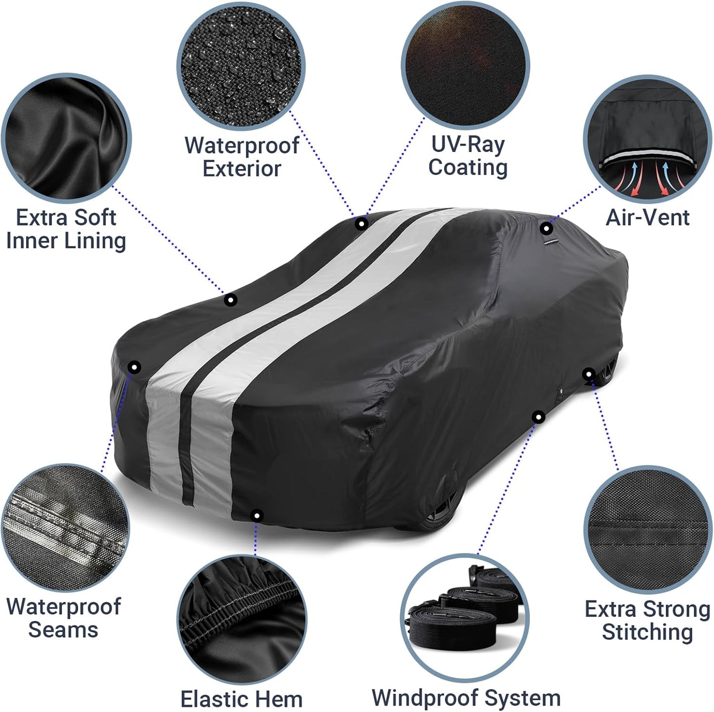 iCarCover Custom Car Cover for Chevy Malibu Wagon (1964-1972) Waterproof All Weather Rain Snow UV Sun Protector Full Exterior Indoor Outdoor Car Cover (Stripe - Black/Gray)