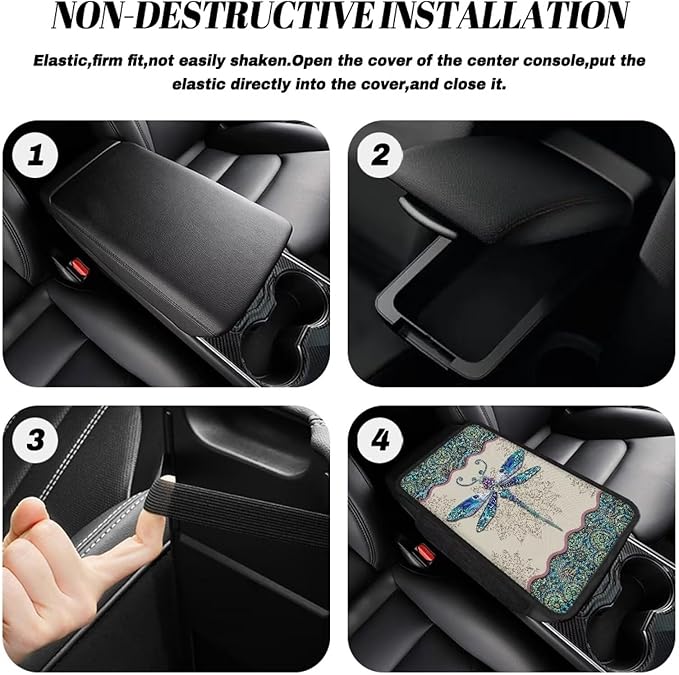 Boho Mandala Floral Dragonfly Pattern Center Console Covers for Cars Anti-Slip Car Armrest Cover Cushion Stretchy Auto Armrest Storage Box Mat Auto Center Console Cover Pad
