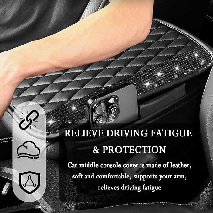 Car Center Console Cover with Diamond Grid Design,Bling Armrest Cover Cushion with 2 Storage Bags,Soft Leather Arm Rest Cover for Car Interior Accessories (Black + Black)