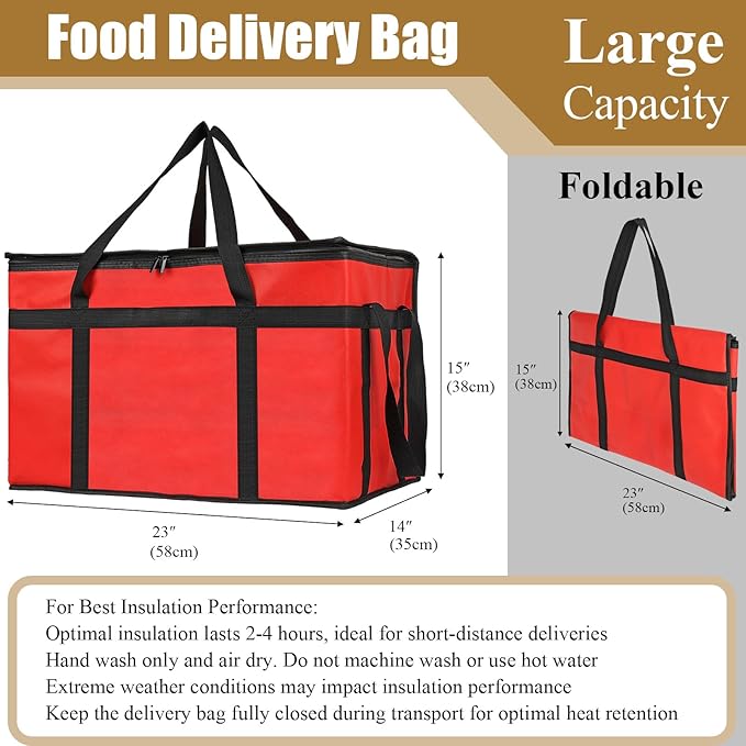 PEASUG Insulated Bags for Food Delivery, XXXL Pizza Delivery Bags, Large Capacity Cooler Bag Keep Food Warm for Grocery Shopping and Catering, Foldable, Heavy-Duty (Red)