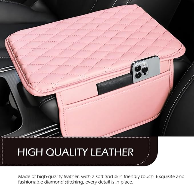 Car Center Console Cover, Waterproof Leather Car Armrest Cover Cushion with Side Storage Pockets, Upgraded Vehicle Armrest Storage Box, Universal for SUV, Sedan, Truck (Pink)