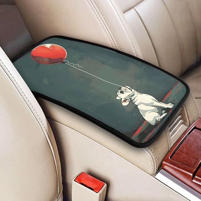 Universal Car Center Console Cushion Pad, White French Bulldog Soft Waterproof Car Center Console Cover Auto Armrest Seat Box Cover Protector for Most Vehicle SUV Truck Car