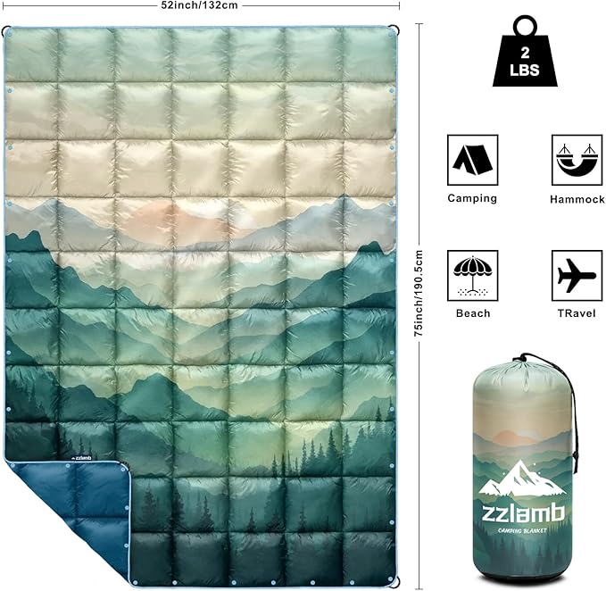 zzlamb Camping Blanket for Cold Weather,Outdoor Puffy Blanket Portable Down Alternative,Windproof Warm Cloak with Snaps,Cozy Quilt Backpacking Picnic RV Travel Plane Car Hammock Beach Climbing