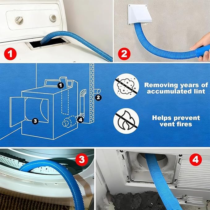 Dryer Vent Cleaner Kit – Flexible Brush & Universal Vacuum Attachment for Lint Removal, Dryer Duct and Vent Cleaning Tool for Dryer, Washer, Car Vents & Air Ducts