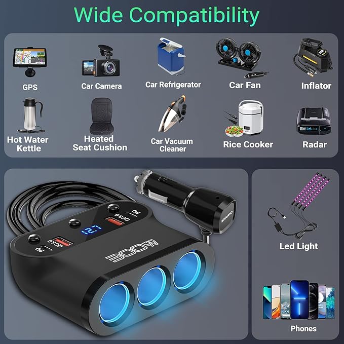 7 in 1 Cigarette Lighter Adapter: Ouffun 300W 3 Socket Car Charger Extensions 12V Splitter with Dual PD USB C 30W and QC3.0 18W 12V USB Outlet Ports, 12 Volt Car Plug with LED Voltage Separate Switch