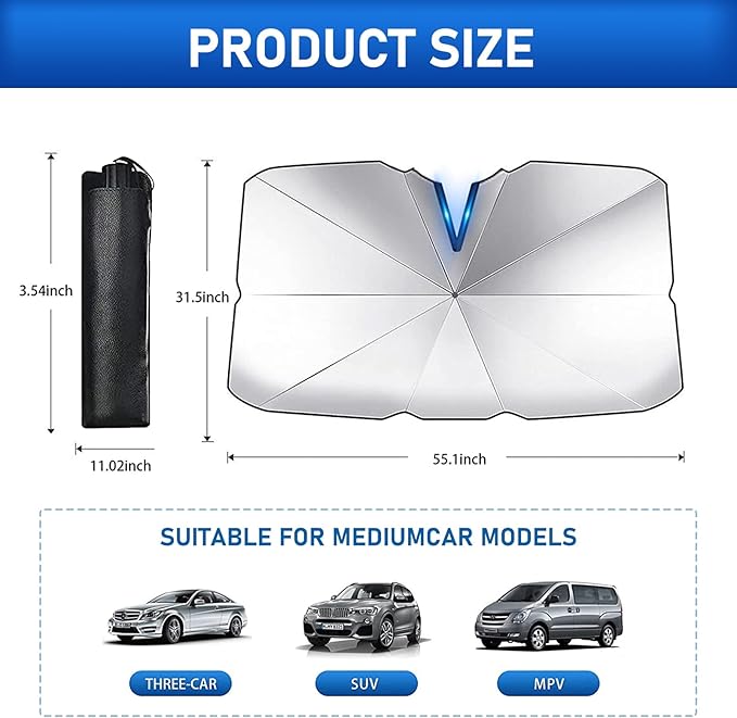 1 PC Windshield Sun Shade for Car, Foldable Reflective Sunshade for Front Window Protect Vehicle from UV Sun and Heat, Keeps Vehicle Cool Fit Most Vehicles - Opening Design (55 x 31 inches)