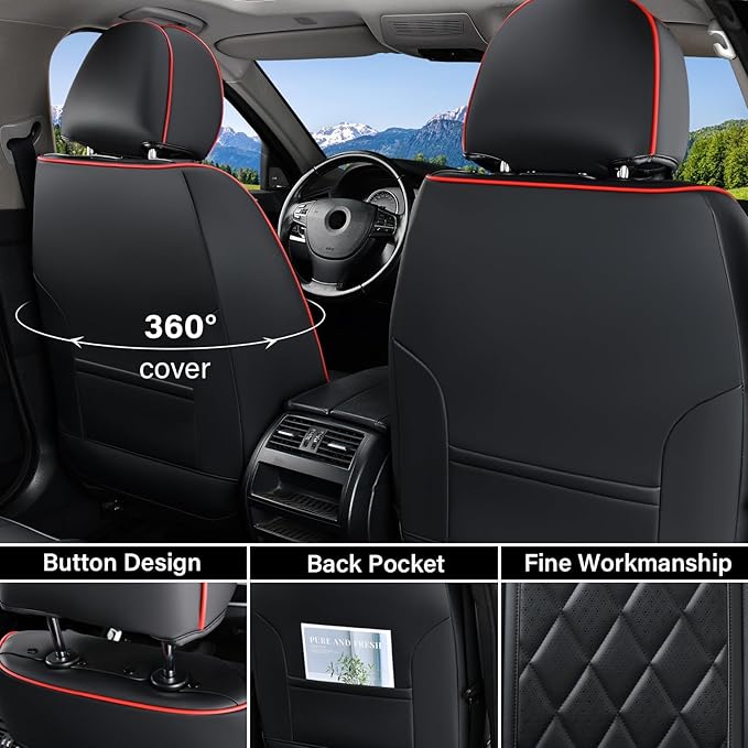 Coverado Car Seat Covers Full Set, Luxury Faux Leather Waterproof Seat Covers, Black Car Seat Covers, Universal Car Seat Protector Leather Car Seat Cushion, Carseat Cover Fit Most Cars, Black&Red