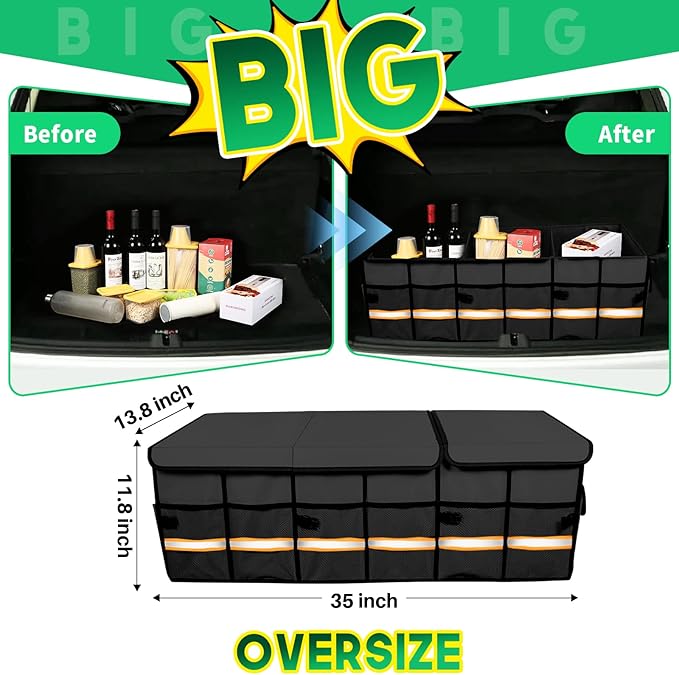 Trunk Organizer Cargo Organizer Trunk Storage Waterproof Collapsible Durable Multi Compartments-((Oversize,Black)