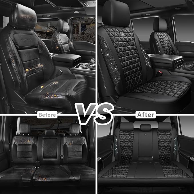 CAR PASS Bling Diamond Black Leather Car Seat Covers Full Sets Interior Sets, Waterproof Shining Glitter Sparkly Crystal Universal Armrest Fit Automotive Truck SUV Cute Women Girl, Black PU Rhinestone