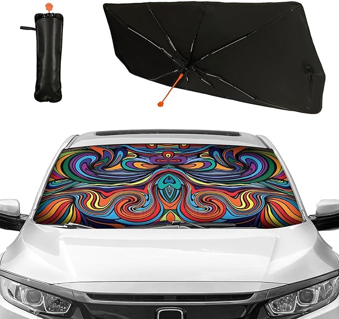 CHILL·TEK Car Windshield Sun Shade Umbrella, Abstract Colorful Foldable Umbrella Sunshade for Front Window UV Reflector Protection Auto Shades Cover blue 1 57x31 In