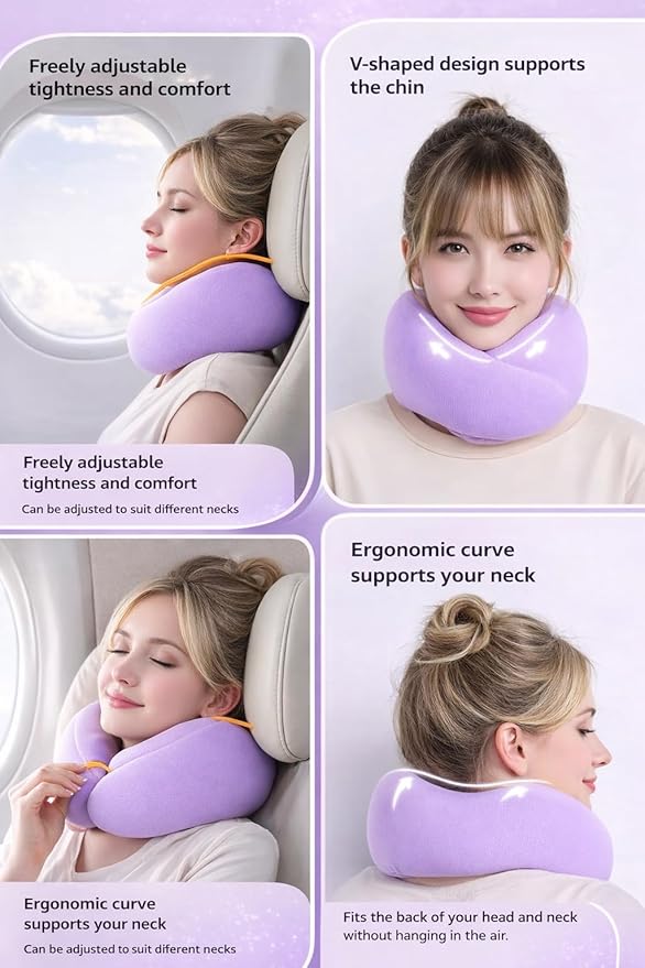 Neck Travel Pillow |100% Pure Memory Foam Neck Pillow Comfortable & Breathable Cover, Machine Washable for Travel, Airplane, Car Rides, & Home Use, Travel Kit with Bag (Purple)