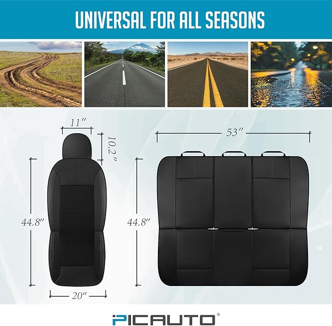 PIC AUTO Car Seat Cover, Premium Leather & Breathable Mesh Design, Front & Rear Full Set Bucket Seat Covers, Universal Fit for Cars, Trucks, Vans, SUVs, Airbag Compatible (Black)
