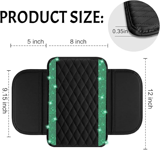 NBTEPEM Bling Car Center Console Cover, Leather Car Arm Rest Cover Cushion with 2 Storage Bags, Universal Auto Armrest Protector Storage Box, Bling Accessories Interior for Most Vehicles (Green)