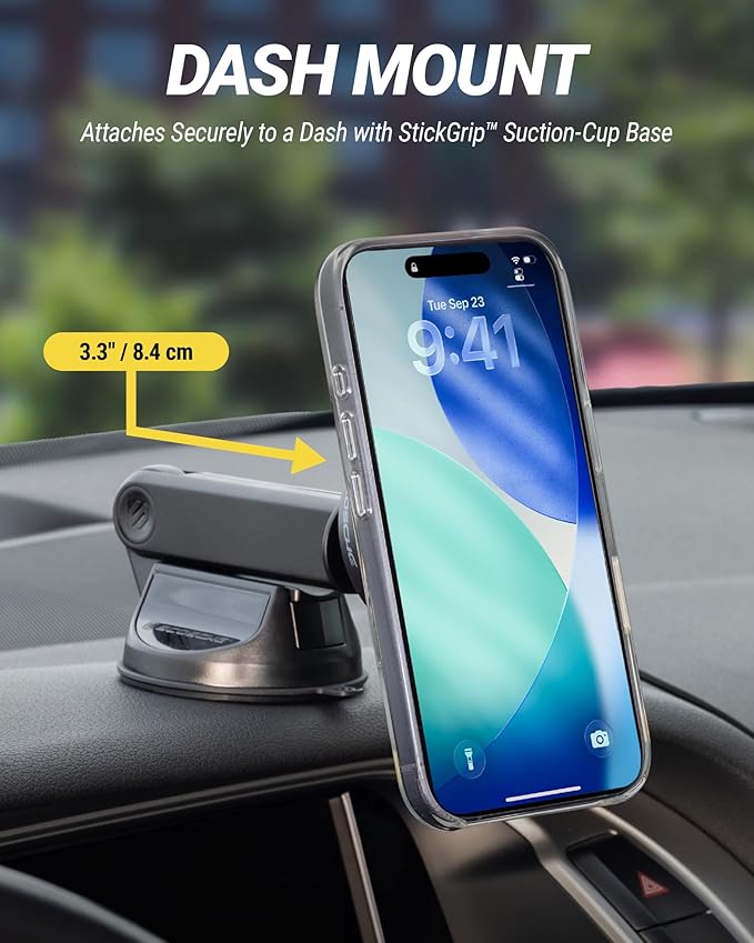 Scosche MPQTRWDA Qi2 MagSafe Car Mount Charger 25W Fast Wireless Magnetic Cell Phone Holder with Adjustable Arm for Windshield or Dashboard Compatible with iPhone 17/16/15/14/13/12 & Samsung S25