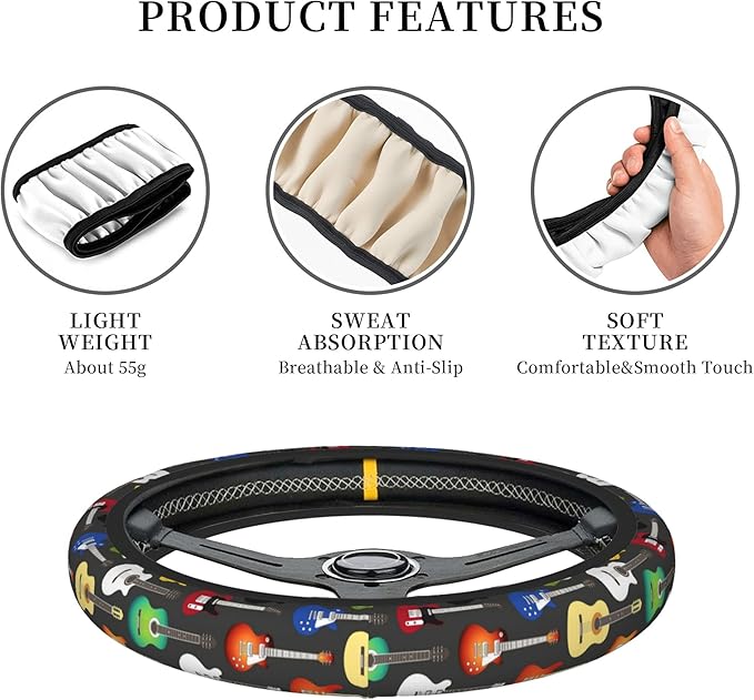Musical Car Steering Wheel Cover for Women Acoustic Electric Guitars Men Stretch Cloth Anti-Slip Wrap Protector Case Fit Universal Auto Accessories Decor Sweat Absorption 14-15 Inch