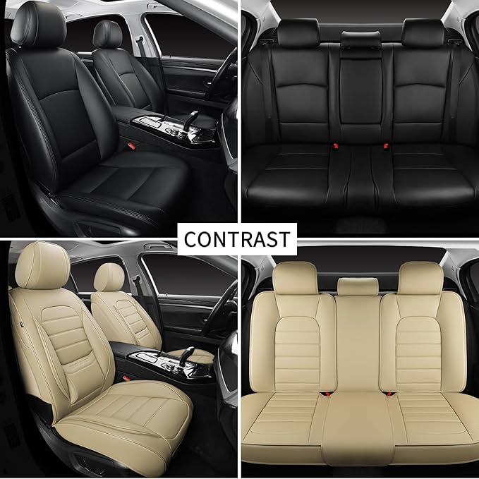 Car Seat Covers Full Set, 5Pcs Universal Leather Seat Covers for Cars, Waterproof Front and Rear Seat Covers, Breathable Automotive Seat Cover for Most Sedans, Trucks, SUVs, Beige