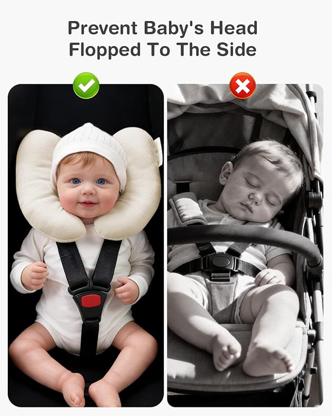 Baby Neck Pillow for Car Seat and Stroller, Adjustable Baby Head Support Pillow for Travel, Soft and Cushiony Torticollis Pillows for Infant and Newborn (Beige)