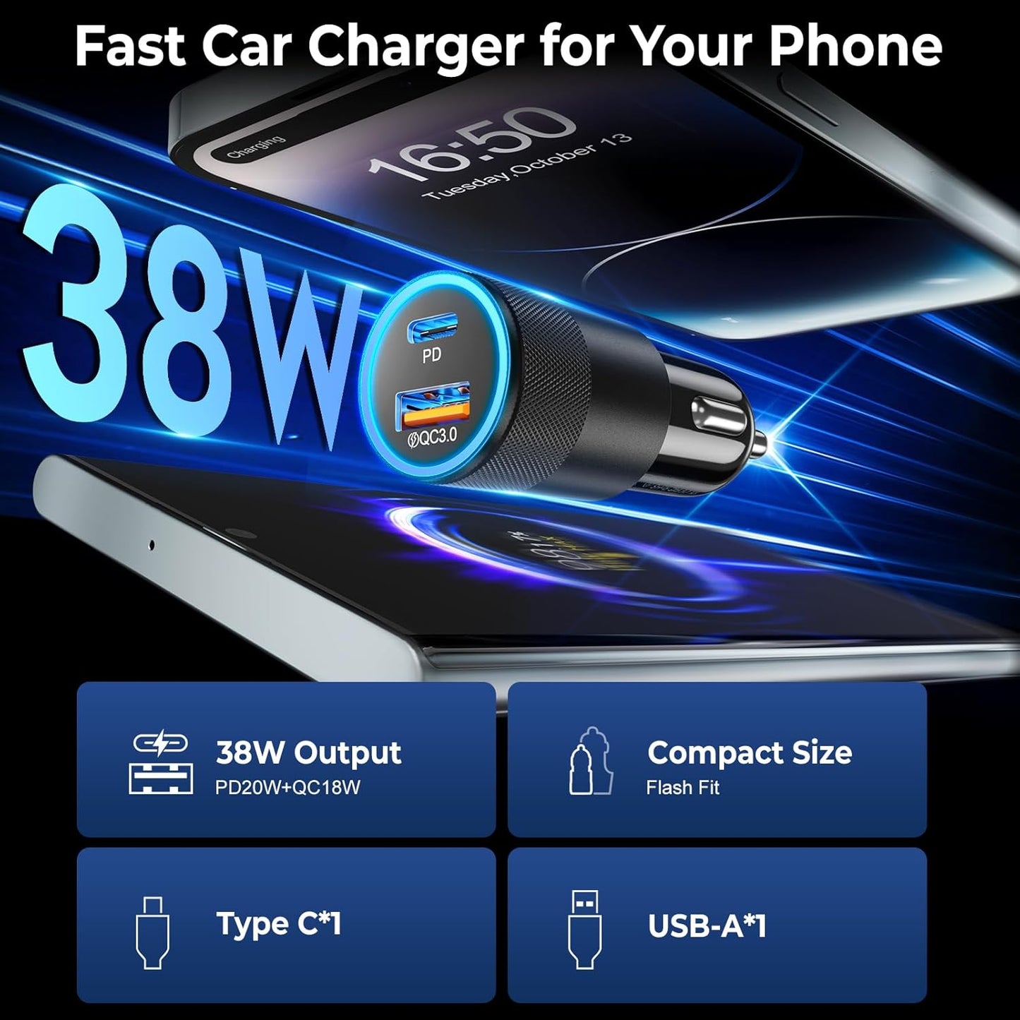 6 Pack USB C Car Charger, Ancekoy 38W Dual USB-C + USB-A Car Charger Adapter Fast Charge PD/QC 3.0 Cigarette Lighter Adapter USB Charger Plug for iPhone 16/15/14/13/12/11/Pro Max, iPad, Samsung,Pixel