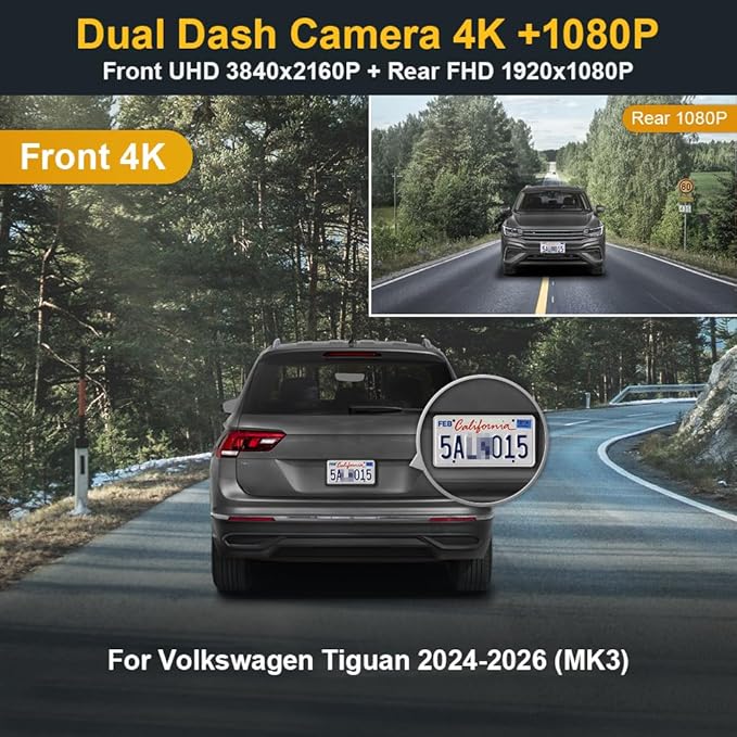 Fitcamx Front 4K+Rear 1080P Dash Cam Adapts for Volkswagen Tiguan 2024-2026 MK3 (Grey Cover), OEM Factory Look, 2 Way HD Video, WiFi & APP, Loop Recording, Parking Sensor, Easy to Set, 128GB Card