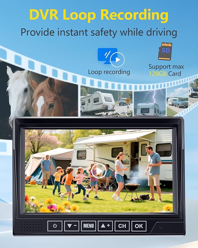 Solar Wireless Backup Camera for Trailer: 24H Long-Lasting, Strong Signal, HD 1080P 2 RV Camera System with 7" Recording Monitor - Magnetic Easy Setup for Camper