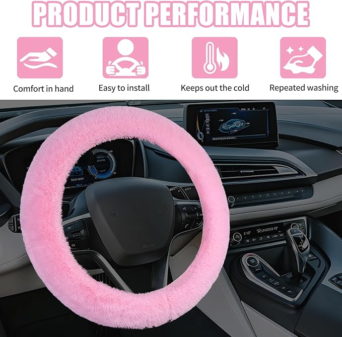 Wuyaoyao Fuzzy Car Steering Wheel Cover, 15'' Soft Auto Steering Wheel Protector for Warm Winter, Elastic Anti-Slip Fluffy Wheel Covers, Universal Car Accessories for Women and Men (Pink)