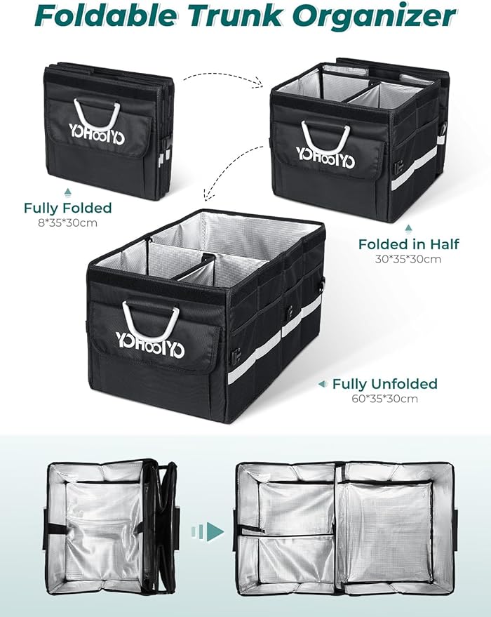 YOHOOLYO Car Trunk Organizer Cooler Bag Insulated Collapsible Trunk Organizer for SUV with Multi Compartments Lid