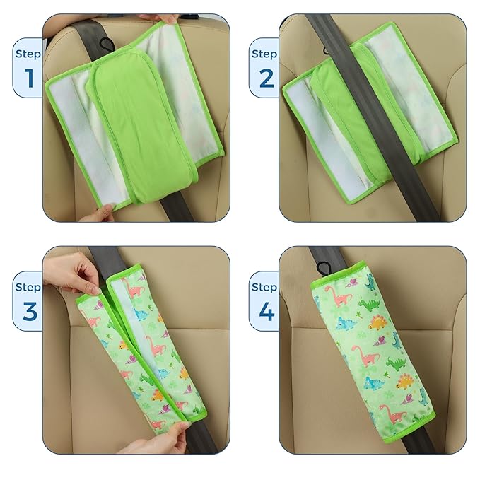 COOLBEBE Seat Belt Pillow for Kids, Extra Soft Toddler Travel Pillow for Car Seat, Universal Carseat Strap Cushion Pads for Childs Baby People Adults, Green Dinosaurs