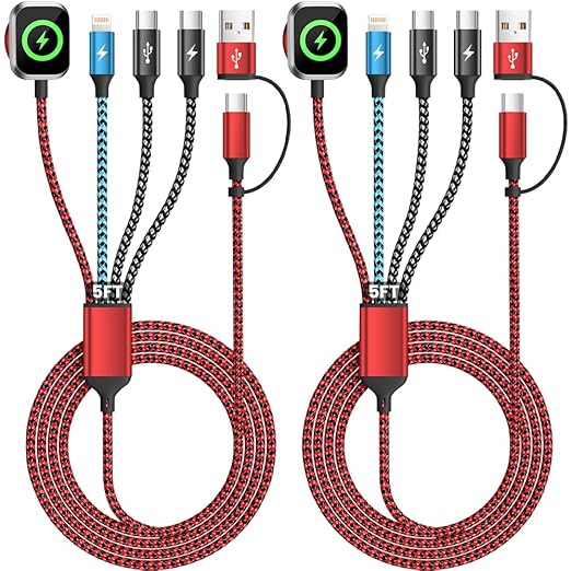 Travel Essentials Dual Type-C Port 4 in 2 Multi Charging Cable for iWatch Charger/iPhone 17/IP, Cruise Vacation Camping Essentials 2026 for iWatch 11-2/Ultra,iPhone 17-8, GalaxyS26-S21,Car -2Pack,5FT