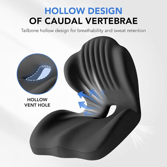 Ergonomic Waist Support and Seat Cushion, 2-in-1 Memory Foam Pad, Hollow Design for Coccyx, Suitable for Office Chairs, Car Safety Seats and Household Use - Relieves Lower Back and Hip Pain (Black)