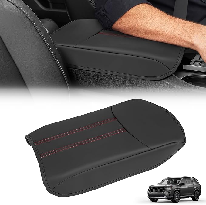 Center Console Armrest Cover Compatible with Honda Pilot 2023 2024 2025 2026, Ridgeline Passport 2024-2026, Armrest Pad Lid Cushion,Center Console Protector Pad (Red Stitching)