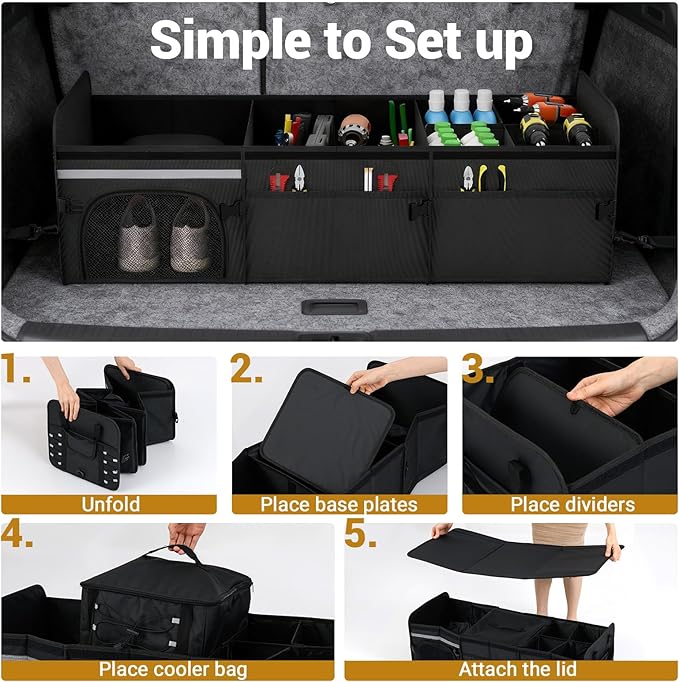 18 Gal Car Trunk Organizer with Lid, 3-Compartment Portable Storage Box with Leakproof Cooler Bag, Shoe Storage, Dividers & Adjustable Securing Straps, Collapsible Trunk Organizer for SUV,