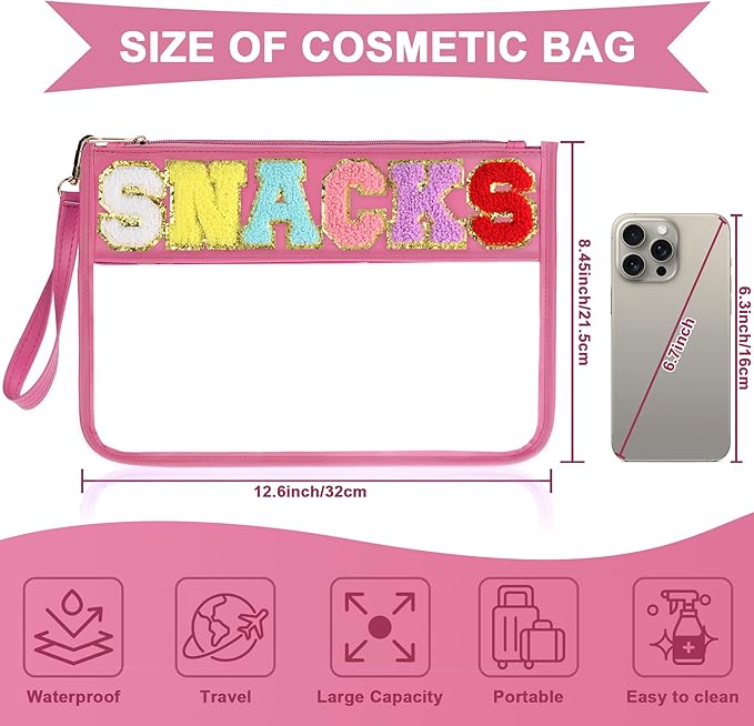 Snack Bag for Travel - Clear Chenille Varsity Letter Flat Pouch with Zipper, 12.2×8.46 inch Waterproof Clear Nylon Preppy Patch Makeup Cosmetic tote Bags for Women Girls