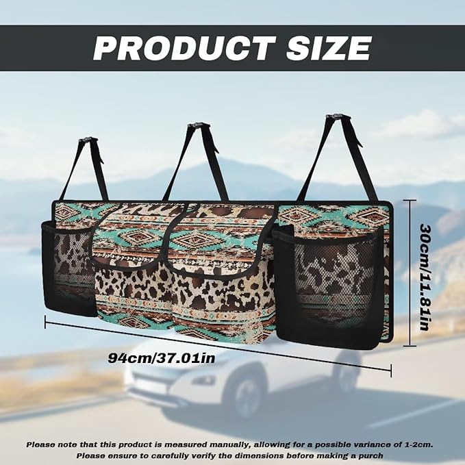 Aztec Cow Car Backseat Trunk Organizer with 4 Pockets Hanging Cargo Bag Multipurpose Trunk Storage Bag with 3 Adjustable Buckles