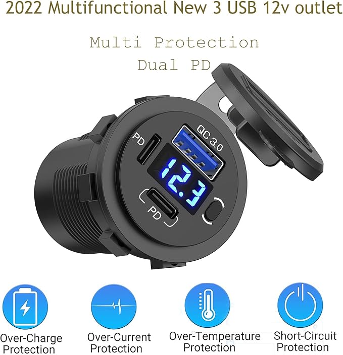 12V USB Outlet, Dual USB C Car Charger Socket & Quick Charge 3.0 Port with Voltmeter and Power Switch for Car Boat Marine Truck