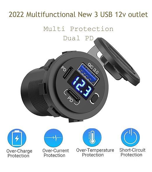 12V USB Outlet, Dual USB C Car Charger Socket & Quick Charge 3.0 Port with Voltmeter and Power Switch for Car Boat Marine Truck 2 Pack